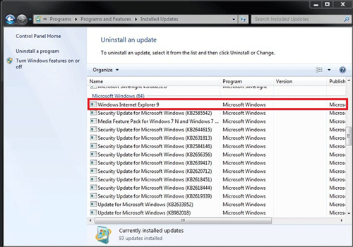 Windows 7 Installed Updates, Internet Explorer 9